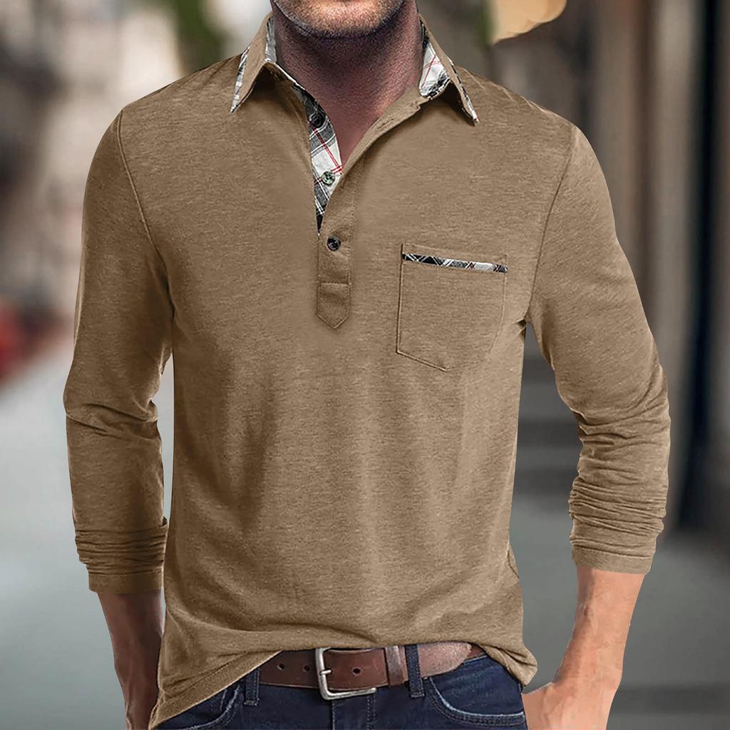Мужская весенне-осенняя однотонная футболка с лацканами, 3 пуговицы, открытая планка и пуговицы, топ с длинными рукавами