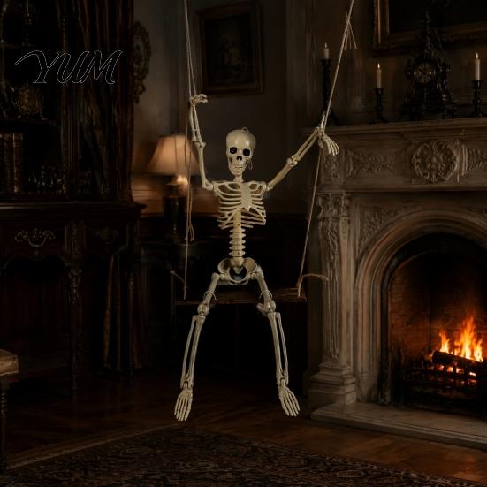 Indoor Outdoor Party Ornament Halloween Swinging Skeleton Decoration, 35" Large Spooky Hanging with Movable Joint Figurine Wooden Swing for