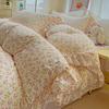 Korean Princess Style Floral Ruffles Bedding Set Washed Cotton Skin-friendly Soft Duvet Covers Set Bed Sheet Pillowcases 3/4Pcs