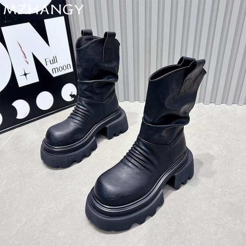 Женские ботильоны на платформе, кожаные туфли со складками на среднем каблуке, женские модные зимние ботинки 2024 года, новые готические зимние мотоциклетные ботинки Mujer