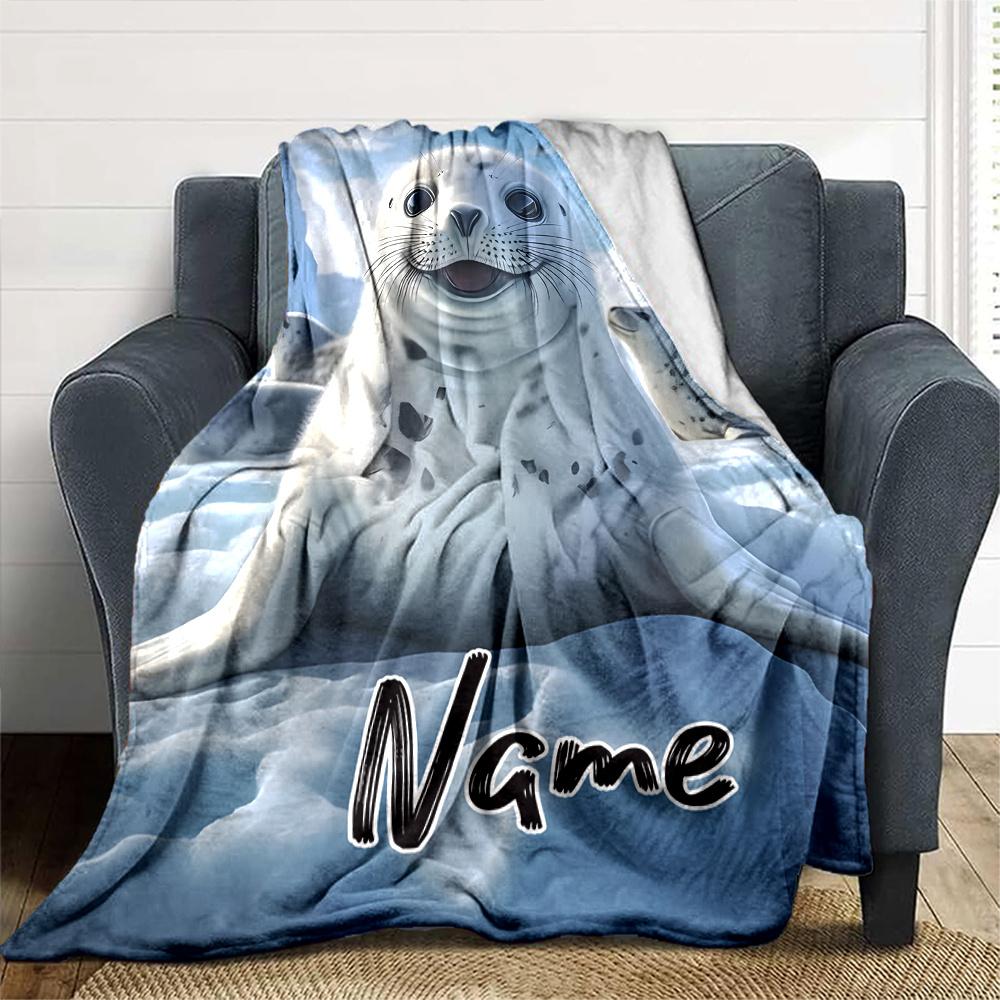 Arctic Seal On Ice With Snowy Background Gift Customizable Blanket Personalized Name Comfortable Throw For Sofa Couch Office Bed Picnics For All