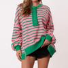 Women's Fashion Striped Round Neck Long Sleeve Button Top Color Blocked  Pullover Sweatshirt Top