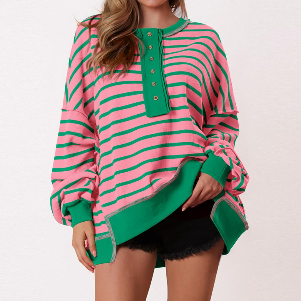 Women's Fashion Striped Round Neck Long Sleeve Button Top Color Blocked Pullover Sweatshirt Top