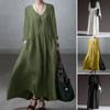 Spring Autumn Fashion Long Sleeved V-neck Elegant Vest Dress for Women Casual Solid Color Loose Long Casual Dresses