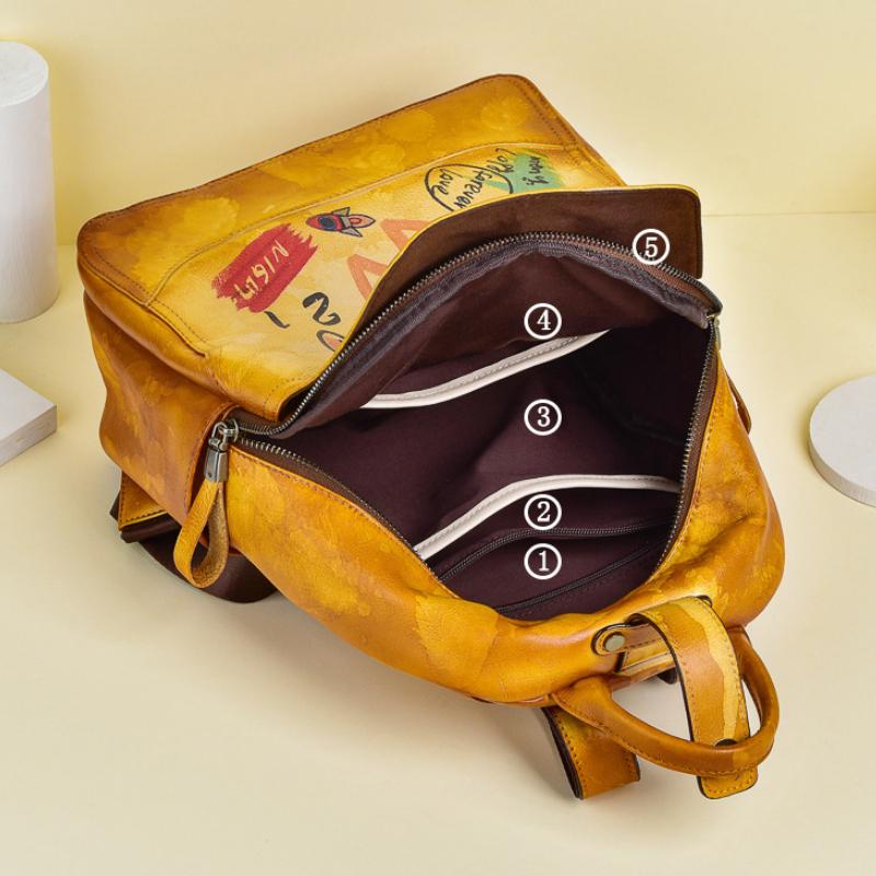 Johnature Retro Genuine Leather Women Bag Hand Painted Backpack First Layer Cowhide Casual Travel Bags