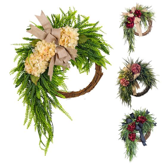 Artificial Hydrangea Wreath for Front Door 16 Inch Lifelike Floral Wreath with Burlap Bow for Door Wall Wedding Party Home Farmhouse Decoration