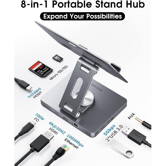 Подставка для iPad BYEASY, Док-станция для ноутбука, USB-C хаб для iPad 8-в-1, Подставка для планшета Type-C с HDMI, 3,5-мм разъемом, LAN, Зарядка 100 Вт PD, 2*USB 3.0, SD/TF