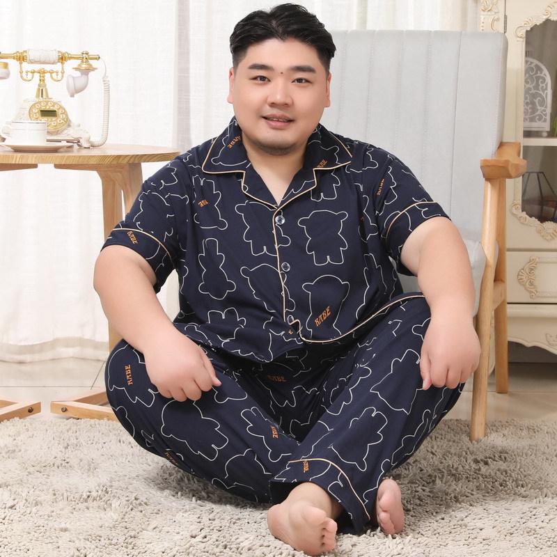 Мужской хлопковый пижамный комплект Mei Ji Yun с лацканами - Короткий рукав, Длинные брюки, Большой размер