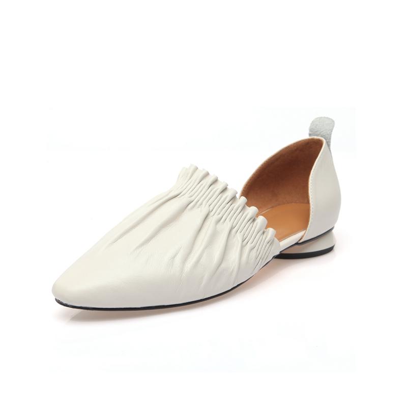 Genuine Leather Pointed Young Lady Streetwear Dating Pleated Solid Korean Girl Leisure Toe Slip On Sandals Women 2024 Summer New