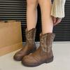 Women's Retro Mid-Tube Boots Fall New Round Toe Embroidered Rear Zip Platform Non-Slip Block Heel Boots