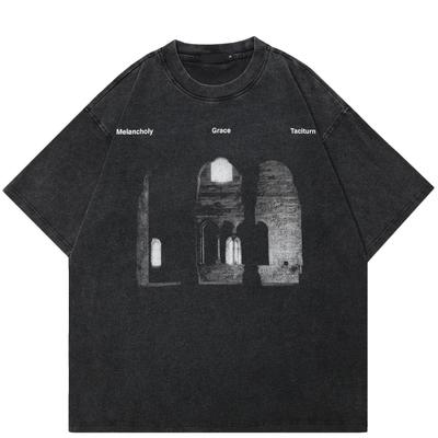 Уличная футболка унисекс с графикой здания, хлопковая промытая черная футболка, топы унисекс, футболки, летняя футболка с короткими рукавами