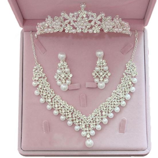Женщины искусственный жемчуг горный хрусталь кулон ожерелье серьги Корона Тиара комплект ювелирных изделий