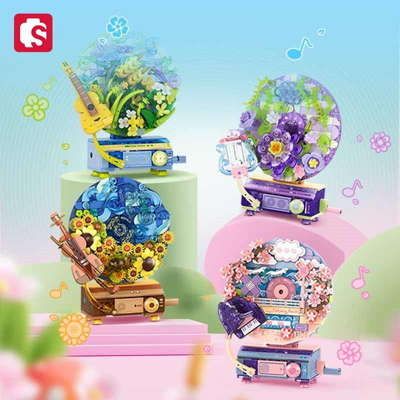 SEMBO Фантастический CD-плеер Строительные Блоки Наборы MOC Цветы Пластинка Домашние Украшения Украшения Детские Игрушки Подарки на День Рождения