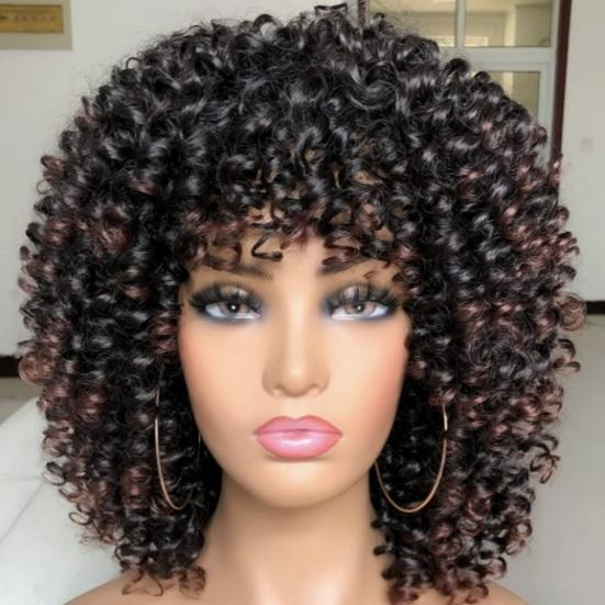 African Women Short Kinky Curly Wigs Silk Hair Natural Look with Bangs High Temperature Wigs Long-Lasting Wear