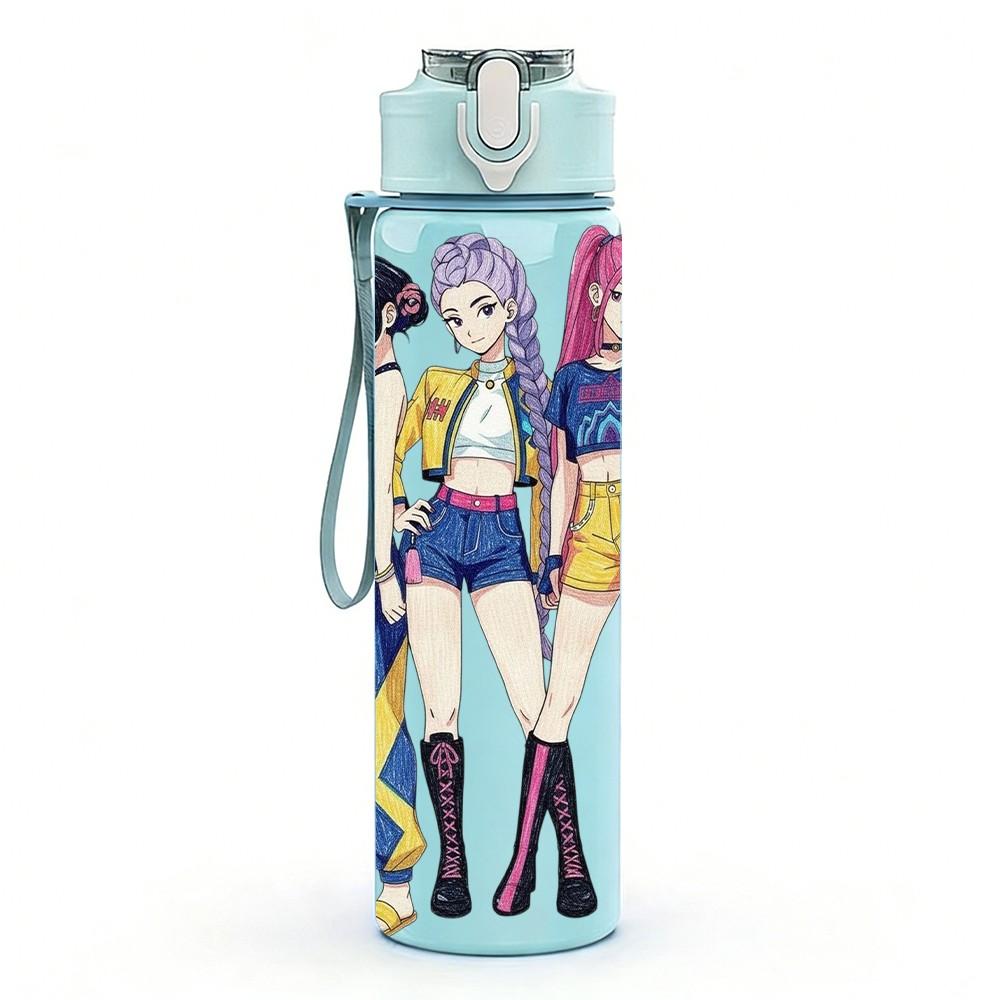 1PC Retro Fashion Girl Trio 750ml Color Plastic Sports Water Bottle Leakproof Flip Straw Lid Suitable for Sports Office Home Use