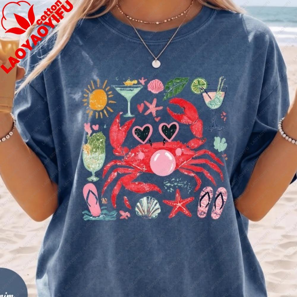 Funny Crab Shirt Crab Blowing Bubble Graphic Tee Beach Vibes Nautical Tees Summer Vacation Gift Graphic Summer Clothes