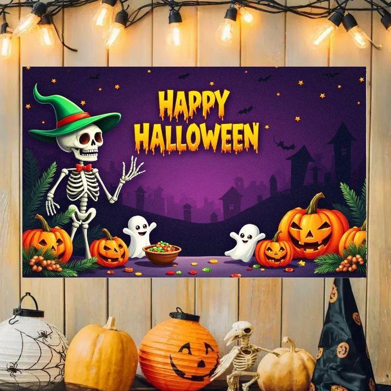 Halloween Banner Happy Halloween Tapestry Cute Ghost Pumpkin Print Backdrop Home Garden Party Wall Hanging Decor Flag