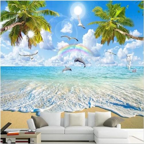 Beautiful Sea Mural Coconut Landscape Wallpaper Beach And Tree Dolphin Mural Living Room Bedroom Background Wallpaper