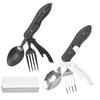 Съемный походный набор столовых приборов из нержавеющей стали, включающий нож, вилку и ложку, для использования на открытом воздухе.
