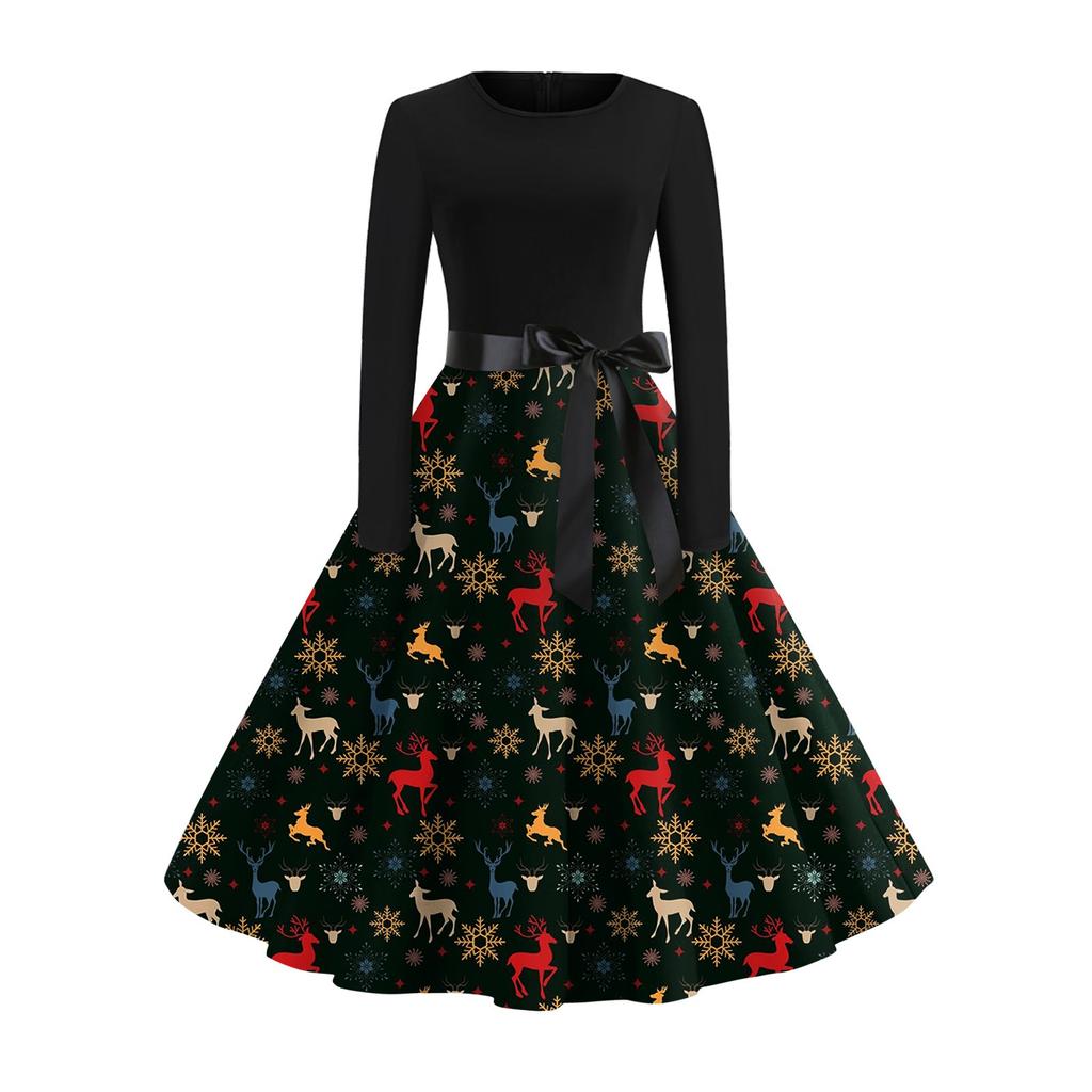 Женское винтажное классическое платье с длинным рукавом и рождественским принтом, свободное платье с круглым вырезом