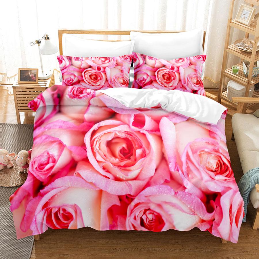 Pink Flower Duvet Cover and Pillowcases Set King Size 220x240 Double Bed Single 3D Queen Bedding Sets Pink Full Twin Quilt Linen