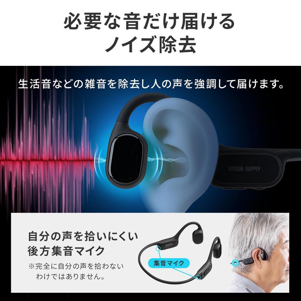 Sanwa Direct Костно-проводной слуховой усилитель для пожилых людей, Простое управление, 3 режима, Легкий, Тип с заушиной, Шумоподавление, Перезаряжаемый,