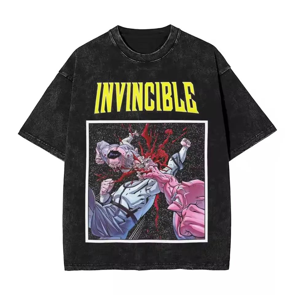 Invincible Gda Logo Graphic Tshirt Vintage Washed Superhero Anime Unisex Oversized Crew Neck Cotton Short Sleeve Tee Tops