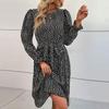 Women's O Neck Long Sleeves Fall Lace Up Print High Waist All Match Dress