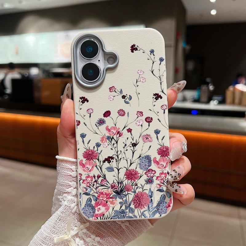 Ударопрочный мягкий чехол из ТПУ с фиолетовым цветочным узором для iPhone 16 Pro 15 14 Plus 13 12 Pro Max 11 с текстурой кожи, однотонный тонкий чехол