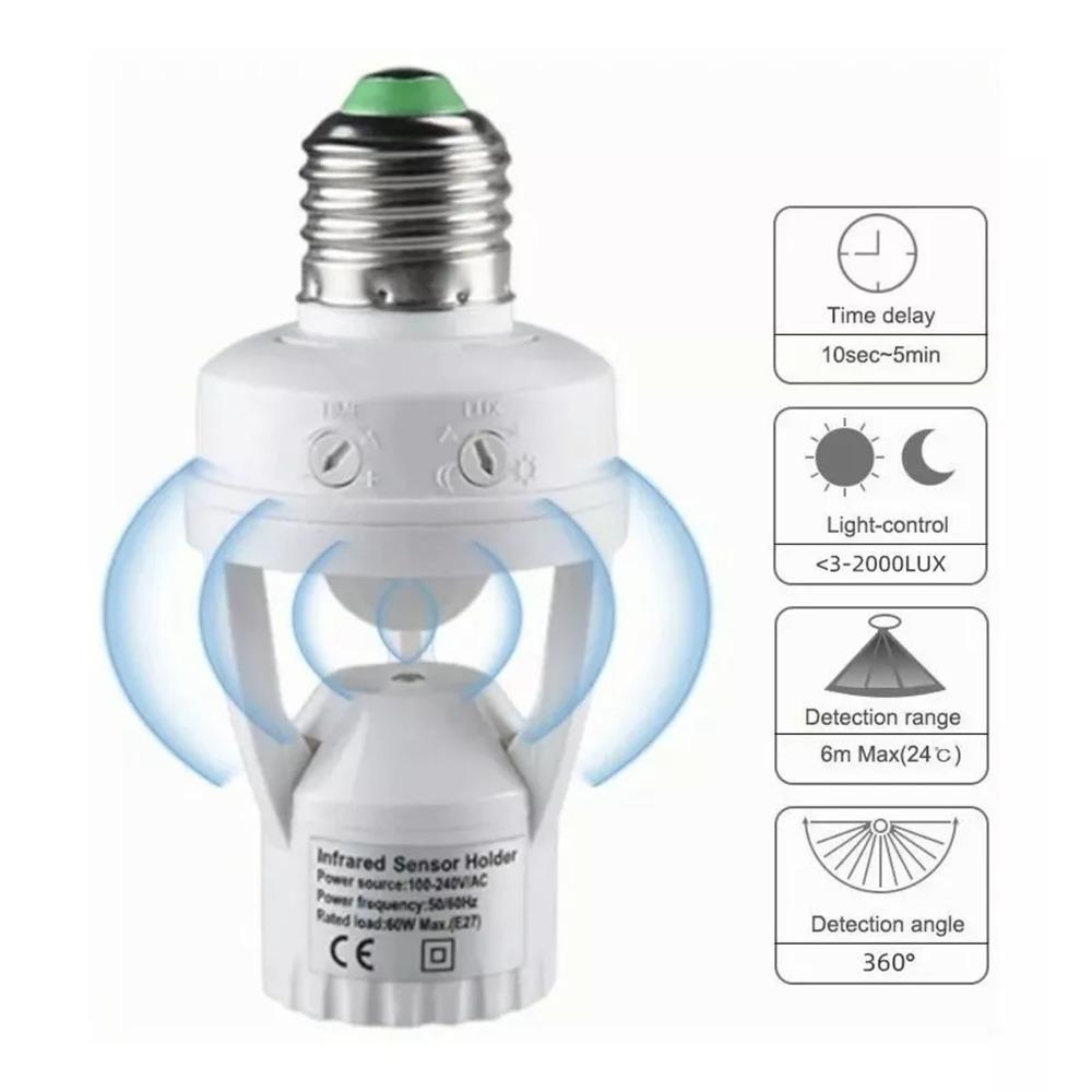 E27 Motion Sensor Light Socket 10-300 Second Delay Smart Lamp Holder Adapter Indoor Use