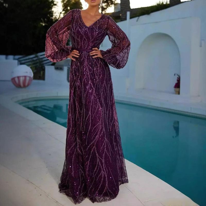 Европейское и американское платье с пайетками, простое V-образный вырез, бахрома, бусины, шнуровка, длинное вечернее платье