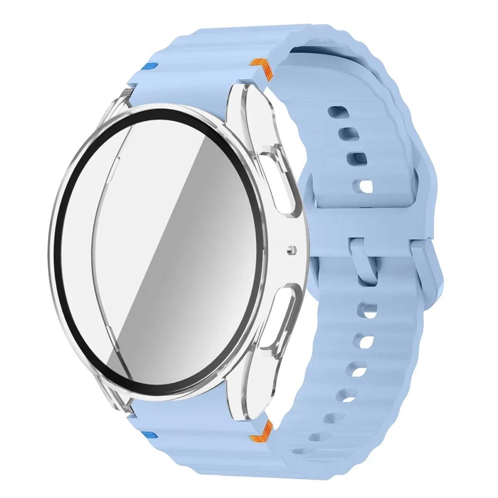 Чехол+Ремешок для Samsung Galaxy Watch 7 6 5 4 40мм 44мм Силиконовый Браслет Защитная Пленка для Экрана из Закаленного Стекла Бампер