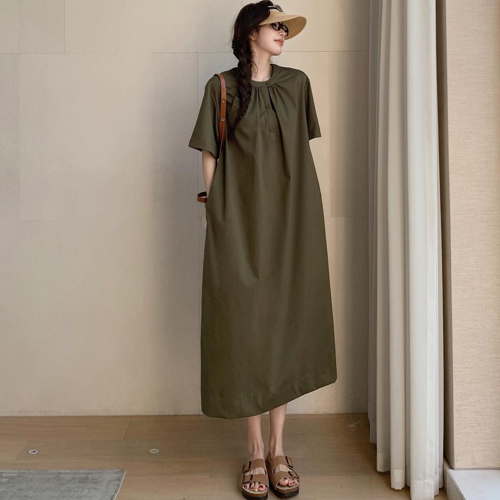 Dimanaf 2025 Летнее платье больших размеров для женщин, повседневное винтажное платье, базовое свободное платье с круглым вырезом и короткими рукавами, хлопок