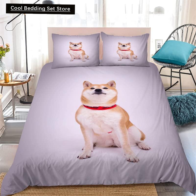 Желтый комплект постельного белья Shiba Inu King Queen, милый пододеяльник с изображением щенка, семейное одеяло с изображением домашнего животного, 2/3 предмета, полиэстеровое одеяло, покрывало