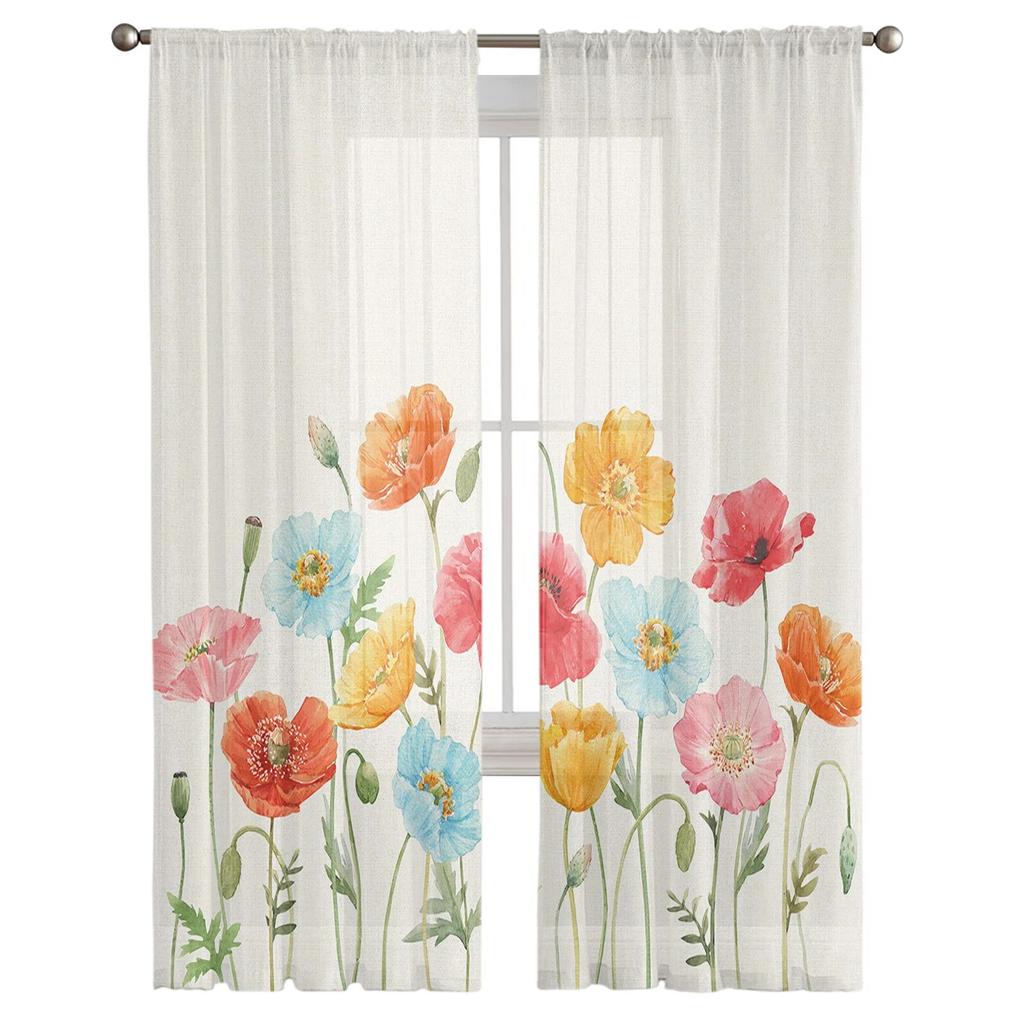 Акварельные прозрачные шторы с цветком мака для гостиной, спальни, тюлевые занавески для кухни, вуаль, шторы, жалюзи, панели