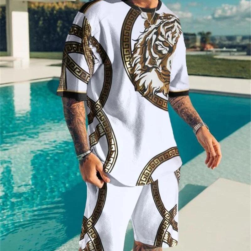 Летние модные мужские комплекты из 2 предметов, спортивные костюмы, повседневные футболки с короткими рукавами и 3D принтом + шорты, брюки, костюмы, мужская одежда, наряд
