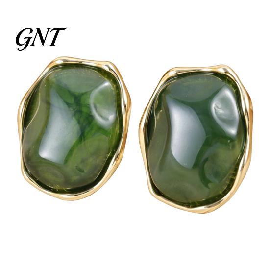 Fashion Statement Earrings for Women 1 Pair Natural Healing Stone Stud Women, Gold Versatile Casual Dress Plated Oval Resin Earrings, Faux Crystal
