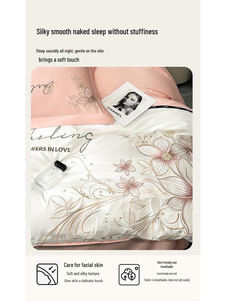 Luxury Embroidered All-Cotton Four-Piece Duvet Cover Set for All Seasons