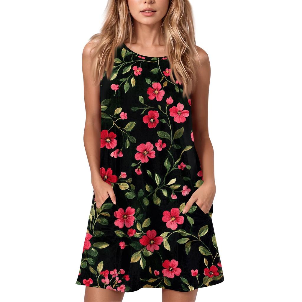 Женское летнее повседневное платье с круглым вырезом и принтом, платье без рукавов с карманами