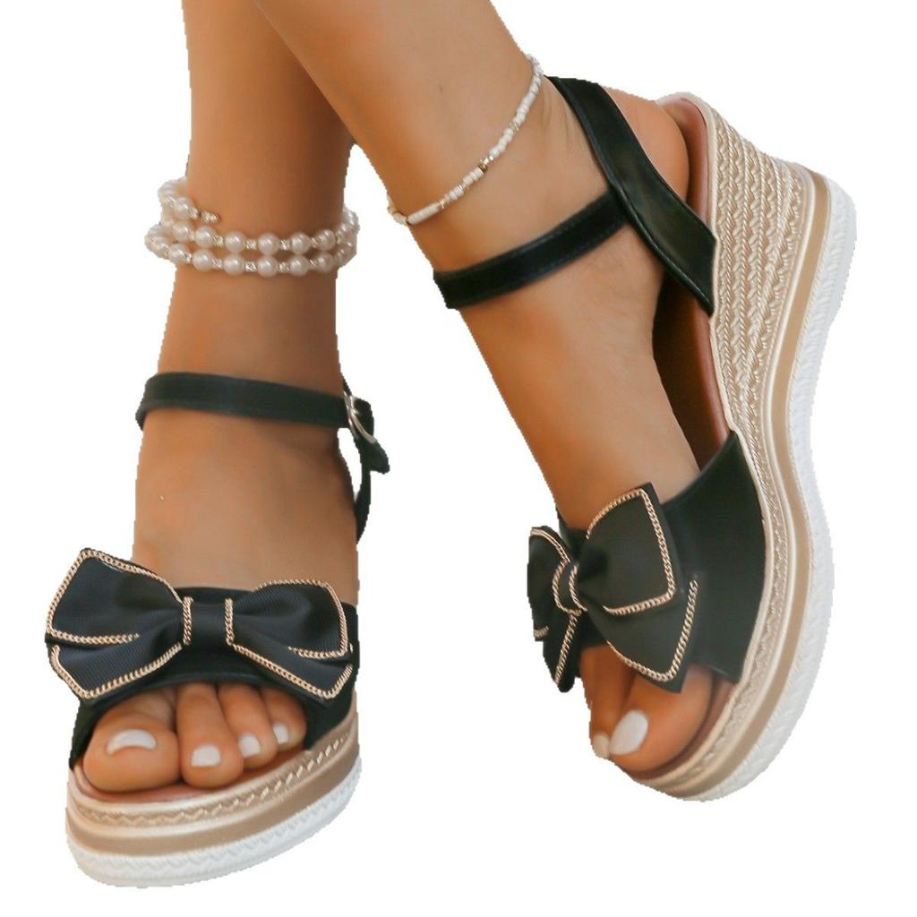 Босоножки на каблуке-каблуке, женские, летние, с толстой подошвой, с круглым носком, с открытым носком, модные, с бантом, большого размера, женская обувь