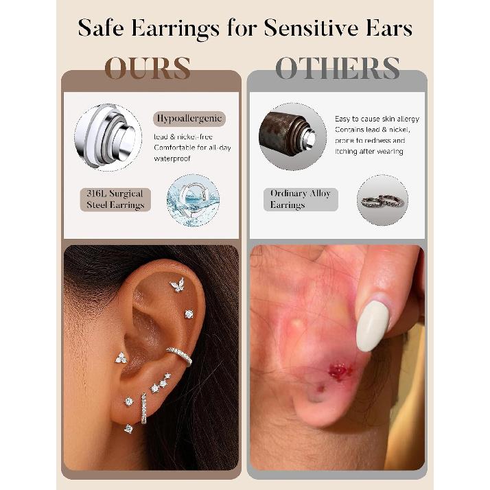M MOOHAM Flat Back Earrings Hypoallergenic, Dainty Earring Stack | 316L Surgical Steel Earrings, Cartilage Earrings for Women, Stud Earrings Set,