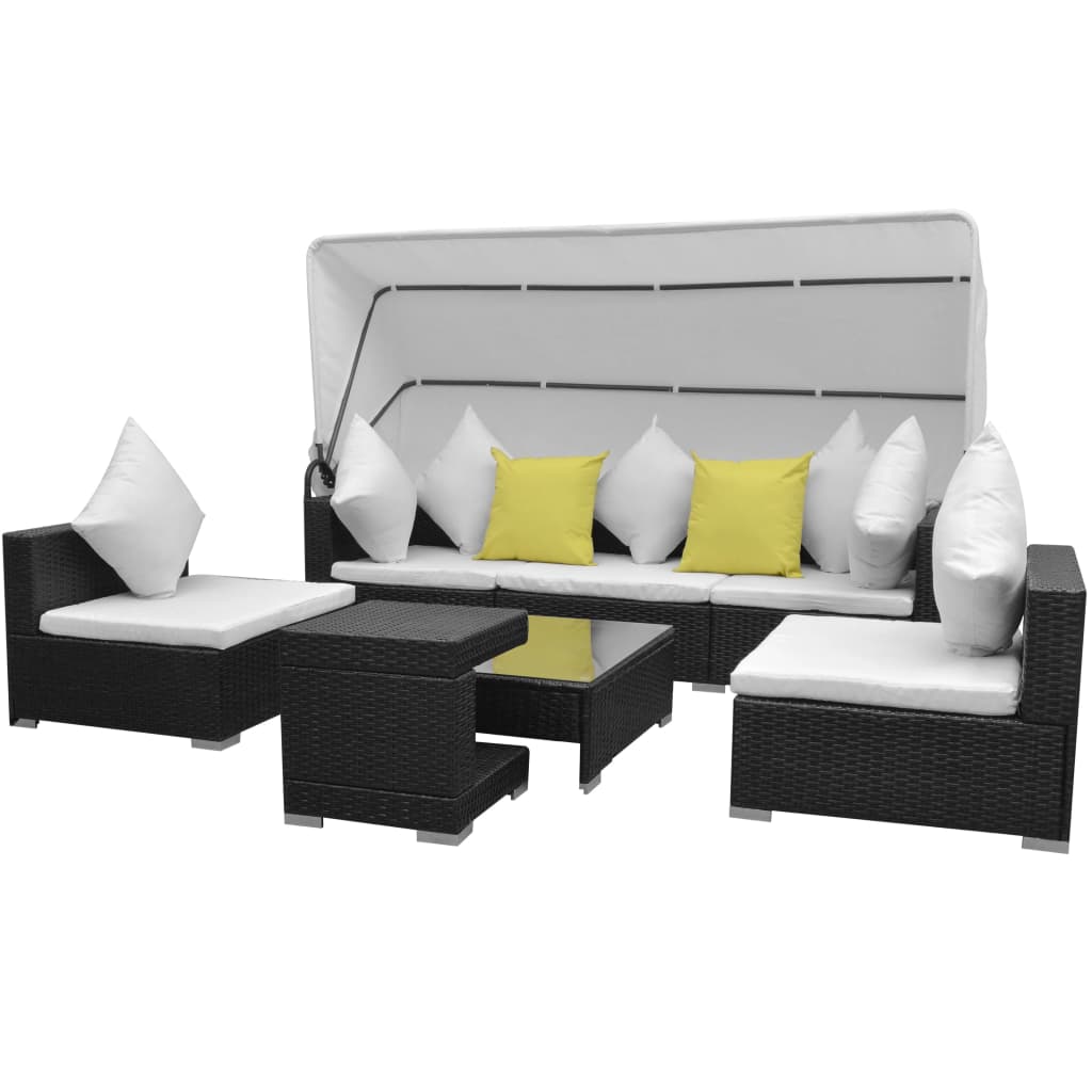 7 Piece Garden Lounge Set with Sun Canopy Poly Rattan Black
