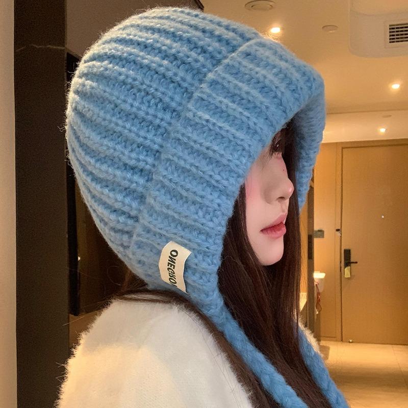 Синяя балаклава женская осенне-зимняя теплая защита ушей вязаная шерстяная шапка, подчеркивающая маленькое лицо и ветрозащитная шапка-мешок для головы