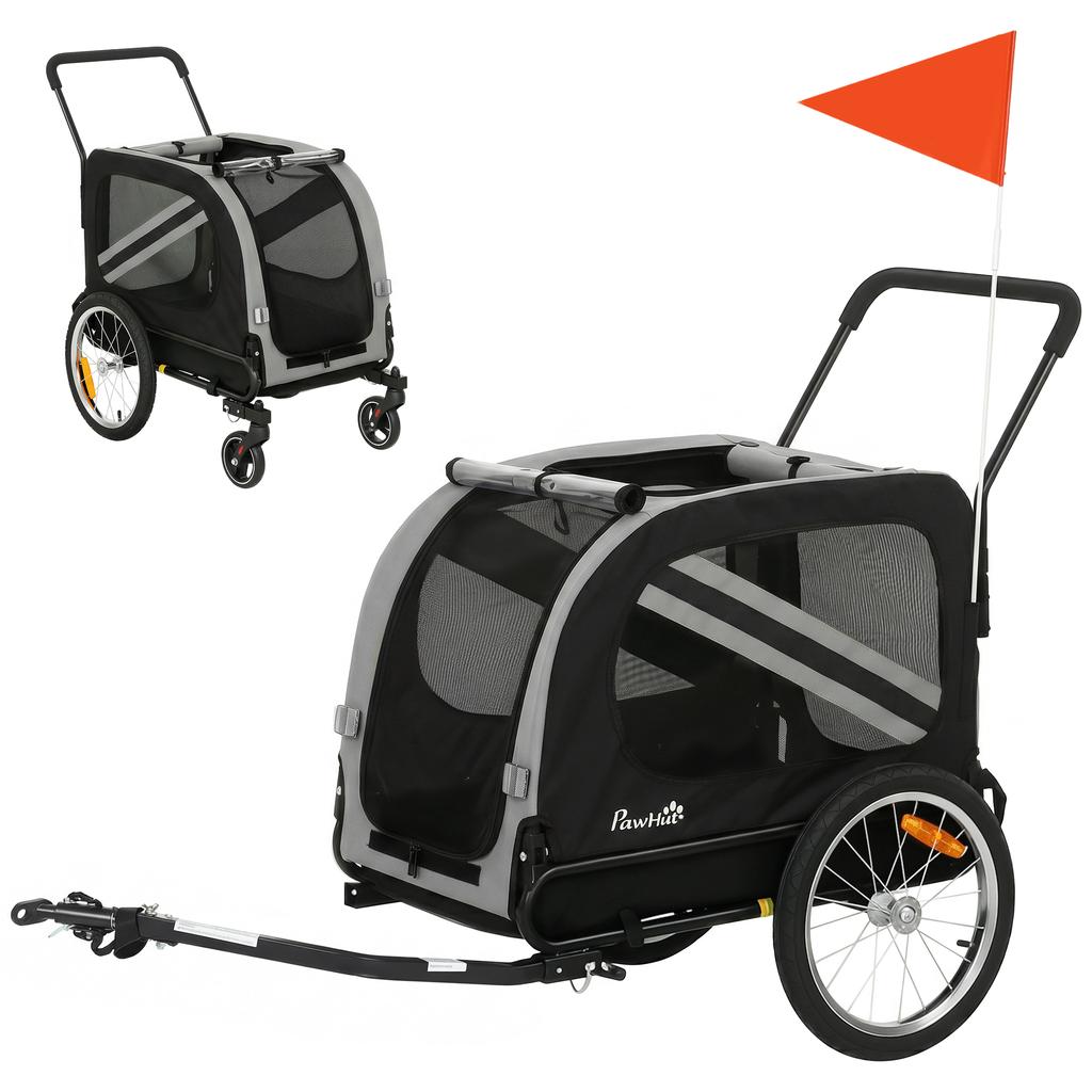 2-In-1 Pet Bike Trailer Dog Stroller Pushchair with Universal Wheel Reflector Flag Grey