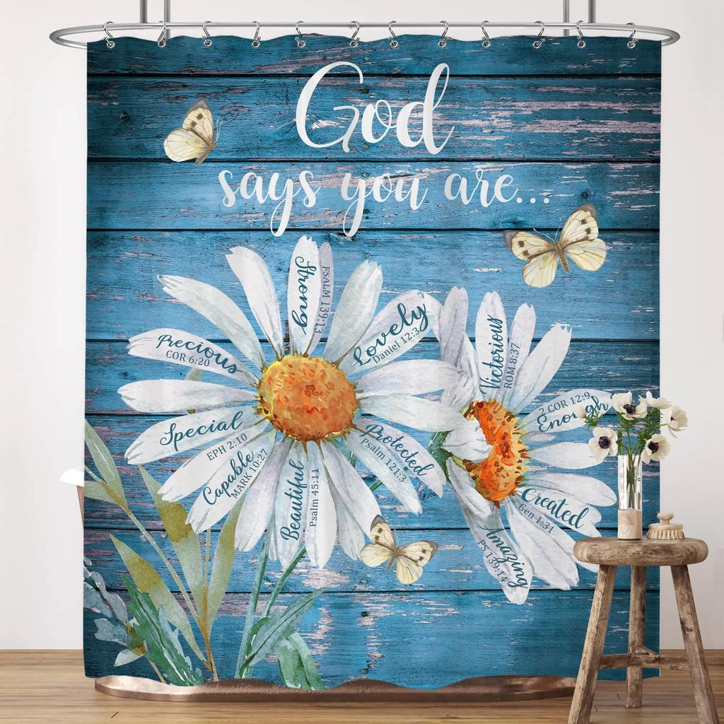 Inspirational Quote Shower Curtain Bible Verse Motivational Quote Bath Curtain Ink Paint Pink Teal Marble Abstract Bathtub Decor