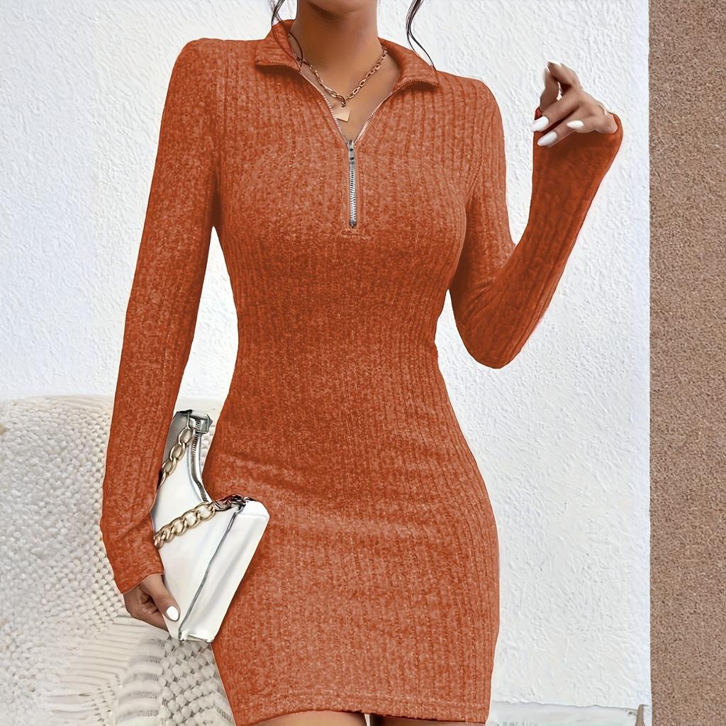 Ladies' Comfortable Casual Fashionable Solid Color Zipper Lapel Hip Hugging Dress