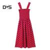 Летнее женское платье в горошек без рукавов с эластичным бюстом с квадратным вырезом трапециевидной формы с большим подолом плиссированное платье до середины икры для свиданий и покупок миди-платье