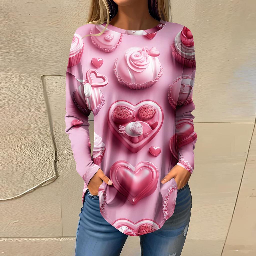 Tee Shirts For Women Casual Round Neck Long Sleeve Shirts Valentine's Day Printing Top Pullover