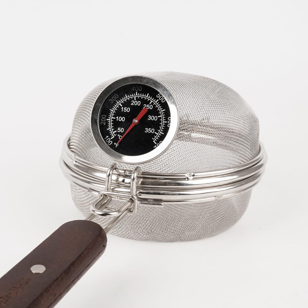 Stainless steel hand roaster with wooden handle, round, 14cm diameter, suitable for home use (includes cooking thermometer)