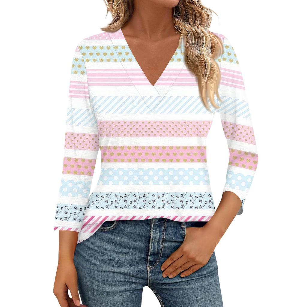 Женские рубашки с рукавом 3/4, топы с принтом и V-образным вырезом, повседневные топы, базовые футболки, блузки, свободные топы